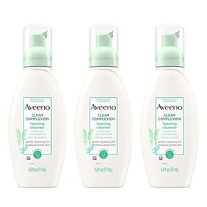 aveeno clear complexion foaming oil-free facial cleanser with salicylic acid acne medication for breakout-prone skin & soy extracts, hypoallergenic & non-comedogenic, 6 fl oz, pack of 3