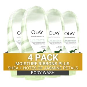 olay moisture ribbons body wash with shea and notes of jasmine petals, 18 fl oz, (pack of 4)