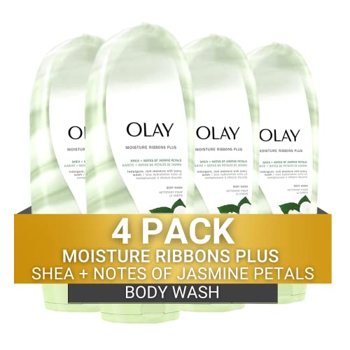 Olay Moisture Ribbons Body Wash with Shea and Notes of Jasmine Petals, 18 fl oz, (Pack of 4)