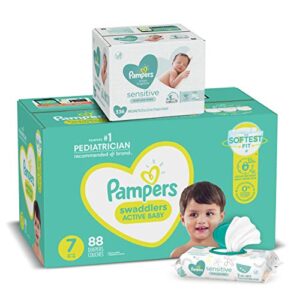 pampers swaddlers disposable diapers, size 7, 88 count and baby wipes sensitive 6x pop-top packs, 336 count