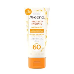 aveeno protect + hydrate moisturizing body sunscreen lotion with broad spectrum spf 60 & prebiotic oat, weightless & refreshing feel, paraben-free, oil-free, oxybenzone-free, 3.0 ounces