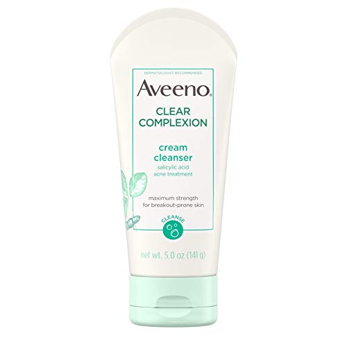 Aveeno Clear Complexion Cream Facial Cleanser with Salicylic Acid Acne Medicine, Face Wash with Soy Extract for Breakout Prone Skin, Hypoallergenic & Oil-Free, 5 fl. oz