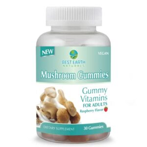 best earth naturals mushroom gummy vitamins raspberry flavor with lion’s mane, reishi, cordyceps, chaga, maitake, shiitake and more, 30 count