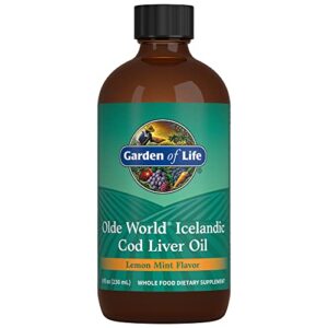 garden of life olde world icelandic cod liver oil liquid – lemon mint flavor – 1,000mg omega 3 fish oil, fatty acids, epa, dha, vitamin d & a, clo fish oil supplements for hearth health, 47 servings