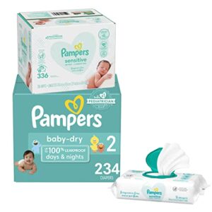 diapers size 2, 234 count and baby wipes – pampers baby dry disposable baby diapers, one month supply with baby wipes sensitive 6x pop-top packs, 336 count (packaging may vary)