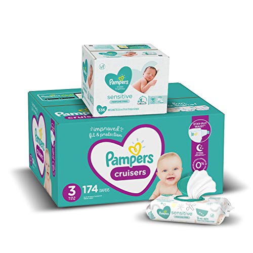 Diapers Size 3, 174 Count and Baby Wipes - Pampers Cruisers Disposable Baby Diapers and Water Baby Wipes Sensitive Pop-Top Packs, 336 Count (Packaging May Vary)