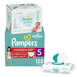 pampers pull on diapers size 5 and baby wipes, cruisers 360° fit disposable baby diapers with stretchy waistband, 128 count one month supply with baby wipes 6x pop-top packs, 336 count