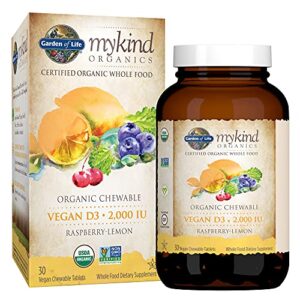 garden of life organic vitamin d – mykind organics vegan d3 chewable – raspberry lemon, 2,000 iu (50mcg) whole food vitamin d3 from lichen plus food & mushroom blend, gluten free, 30 chewable tablets