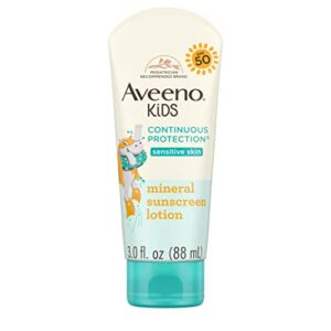 aveeno kids continuous protection zinc oxide mineral sunscreen lotion for children’s sensitive skin with broad spectrum spf 50, tear-free, sweat- & water-resistant, non-greasy, 3 fl. oz