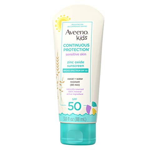Aveeno Kids Continuous Protection Zinc Oxide Mineral Sunscreen Lotion for Children's Sensitive Skin with Broad Spectrum SPF 50, Tear-Free, Sweat- & Water-Resistant, Non-Greasy, 3 fl. oz