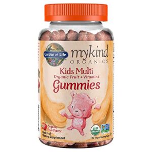 garden of life mykind organics kids gummy vitamins – fruit – certified organic, non-gmo & vegan complete children’s multi – b12, c & d3 – gluten, soy & dairy free, 120 real fruit chew gummies