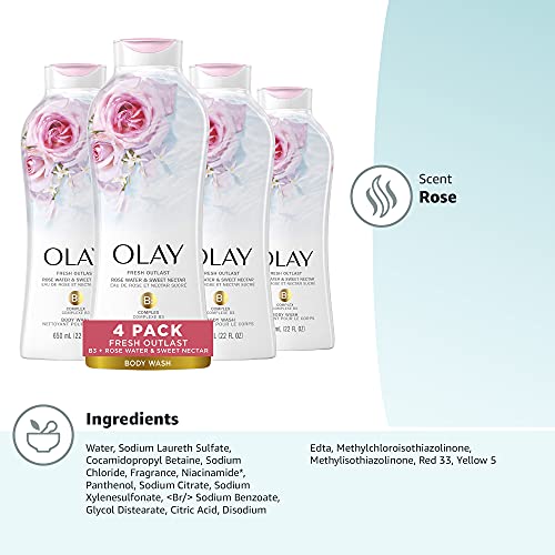 Olay Fresh Outlast Body Wash with B3, Rose Water and Sweet Nectar, 22 Fl Oz (Pack of 4)