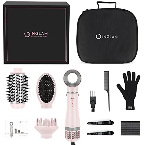 Hair Dryer Brush Set, IG INGLAM 4 in 1 Blowout Brush, Negative Ion Detachable Hair Dryer & Styler Volumizer Hot Air Hair Dryer Brush with 2 Styling Brush Heads, Pink