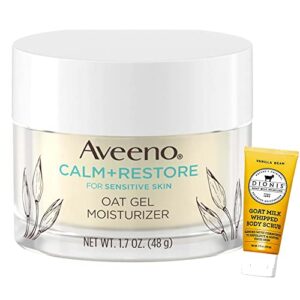 aveeno calm + restore oat gel facial moisturizer cream for sensitive skin paraben-free, 48g & body scrub 2fl oz combo (ffp packing)