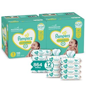 pampers swaddlers disposable baby diapers size 1, 2 month supply (2 x 198 count) with sensitive water based baby wipes, 12x pop-top packs (864 count)