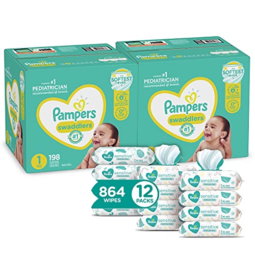 Pampers Swaddlers Disposable Baby Diapers Size 1, 2 Month Supply (2 x 198 Count) with Sensitive Water Based Baby Wipes, 12X Pop-Top Packs (864 Count)