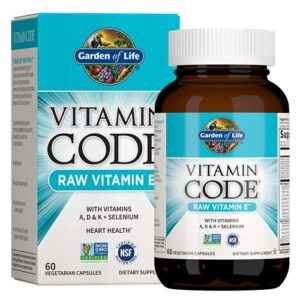 Garden of Life Vitamin E - Vitamin Code Raw Vitamin E Supplement with Vitamins A, D & K Plus Selenium, Fruit, Veggies & Probiotics, 60 Vegetarian Capsules, 125mg Whole Food Vitamin E for Heart Health