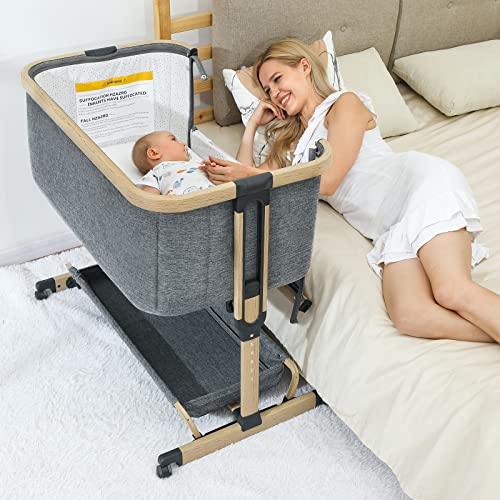 AMKE 3 in 1 Baby Bassinets,Bedside Sleeper for Baby,Baby Cradle with Storage Basket, Easy to Assemble Bassinet for Newborn/Infant, Adjustable Bedside Crib,Safe Portable Baby Bed,Travel Bag Included