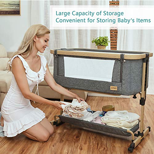 AMKE 3 in 1 Baby Bassinets,Bedside Sleeper for Baby,Baby Cradle with Storage Basket, Easy to Assemble Bassinet for Newborn/Infant, Adjustable Bedside Crib,Safe Portable Baby Bed,Travel Bag Included