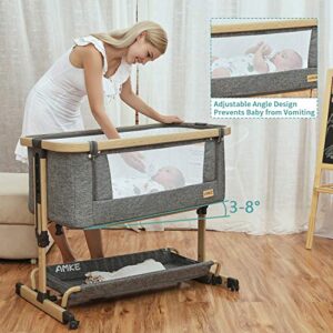 AMKE 3 in 1 Baby Bassinets,Bedside Sleeper for Baby,Baby Cradle with Storage Basket, Easy to Assemble Bassinet for Newborn/Infant, Adjustable Bedside Crib,Safe Portable Baby Bed,Travel Bag Included