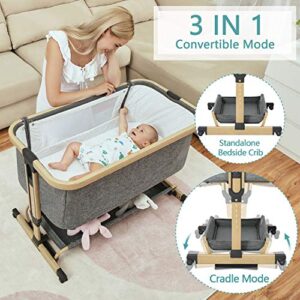 AMKE 3 in 1 Baby Bassinets,Bedside Sleeper for Baby,Baby Cradle with Storage Basket, Easy to Assemble Bassinet for Newborn/Infant, Adjustable Bedside Crib,Safe Portable Baby Bed,Travel Bag Included