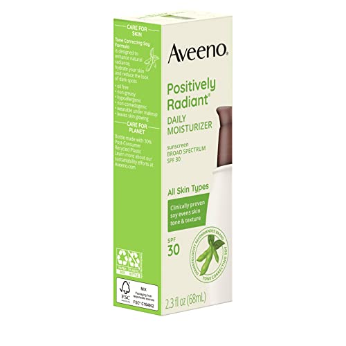 Aveeno Positively Radiant Daily Facial Moisturizer with Broad Spectrum SPF 30 Sunscreen & Soy, Improves Skin Tone & Texture, Hypoallergenic, Oil-Free & Non-Comedogenic, 2.3 Fl. Oz