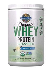 garden of life whey protein powder vanilla flavor – 21g certified organic grass fed protein for women & men + probiotics – 12 servings – gluten free, non gmo, kosher, humane, rbst & rbgh hormone free