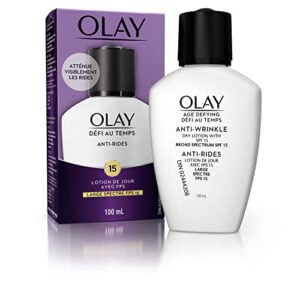 face moisturizer by olay age defying, anti-wrinkle day lotion with sunscreen, broad spectrum , spf 15, 3.4 oz. (pack of 3) packaging may vary