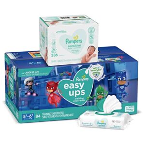 pampers easy ups and baby wipes – pull on disposable potty training underwear for boys and girls, size 7 (5t-6t), 84 count, one month supply with sensitive wipes, 6x pop-top packs, 336 count