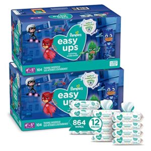 pampers easy ups pull on training pants boys and girls, 4t-5t (size 6), 2 month supply (2 x 104 count) with sensitive water based baby wipes, 12x pop-top packs (864 count)