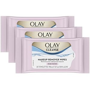olay cleanse makeup remover cleansing face wipes, daily facial towelettes, rose water, 25 count, 3 pack.