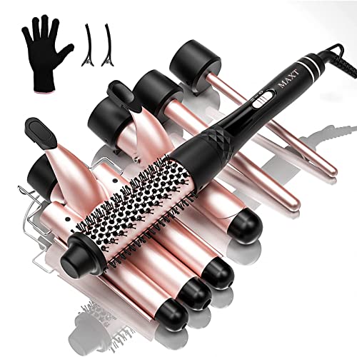 Curling Iron Set 5 in 1,MAXT Curling Wand Set Interchangeable Triple Barrel Curling Iron and Curling Brush Ceramic Barrel Wand Curling Iron(0.35”-1.25”) (Pink)