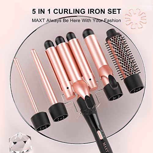 Curling Iron Set 5 in 1,MAXT Curling Wand Set Interchangeable Triple Barrel Curling Iron and Curling Brush Ceramic Barrel Wand Curling Iron(0.35”-1.25”) (Pink)