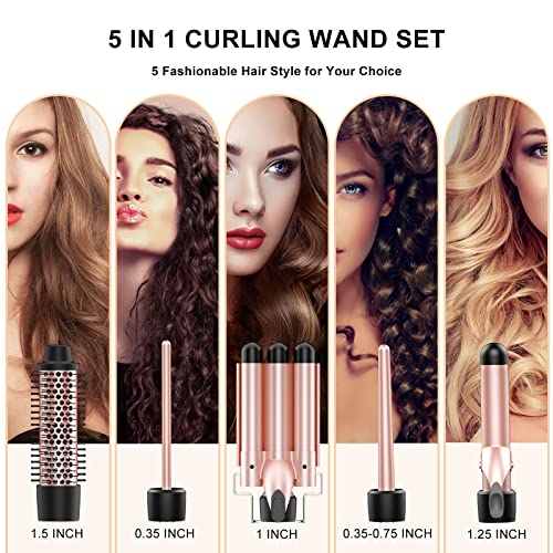 Curling Iron Set 5 in 1,MAXT Curling Wand Set Interchangeable Triple Barrel Curling Iron and Curling Brush Ceramic Barrel Wand Curling Iron(0.35”-1.25”) (Pink)