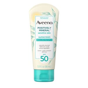aveeno positively mineral sensitive skin daily sunscreen lotion with spf 50 100 zinc oxide nongreasy sweat waterresistant sheer sunscreen for face body travelsize, unscented, 3 fl oz