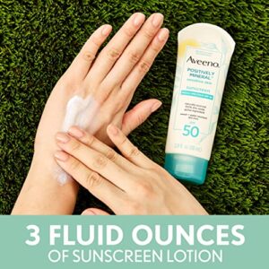 Aveeno Positively Mineral Sensitive Skin Daily Sunscreen Lotion with SPF 50 100 Zinc Oxide NonGreasy Sweat WaterResistant Sheer Sunscreen for Face Body TravelSize, Unscented, 3 Fl Oz