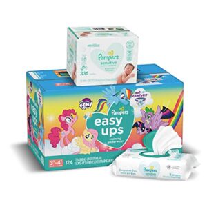 pampers easy ups training pants girls and boys, size 5 (3t-4t), 124 count, one month supply with baby wipes sensitive 6x pop-top packs, 336 count (packaging may vary)