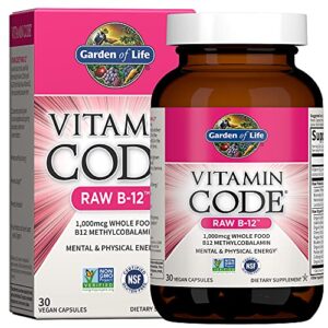 garden of life b12 – vitamin code raw b-12-30 capsules, 1,000mcg whole food b12 methylcobalamin for energy, vegan methylcobalamin b12 vitamin plus probiotics & enzymes, gluten free supplements