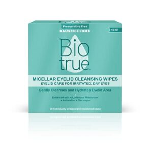 biotrue micellar eyelid care for irritated and dry eyes cleansing wipes, preservative free, from bausch + lomb, multi, 30 count
