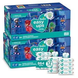pampers easy ups pull on training pants boys and girls, 5t-6t (size 7), 2 month supply (2 x 84 count) with sensitive water based baby wipes, 12x pop-top packs (864 count)