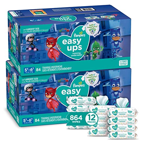 Pampers Easy Ups Pull On Training Pants Boys and Girls, 5T-6T (Size 7), 2 Month Supply (2 x 84 Count) with Sensitive Water Based Baby Wipes, 12X Pop-Top Packs (864 Count)