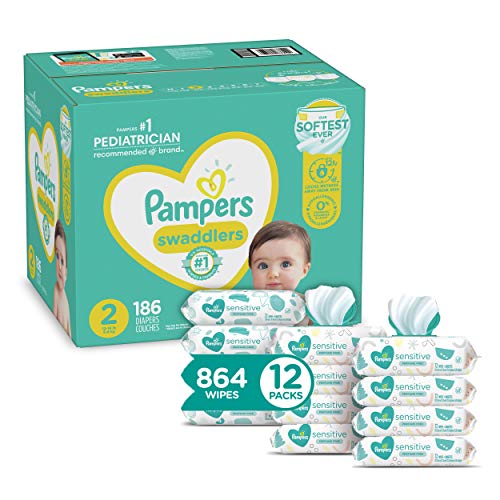 Diapers Size 2, 186 Count and Baby Wipes - Pampers Swaddlers Disposable Baby Diapers, ONE Month Supply with Pampers Sensitive Water Baby Wipes, 12X Pop-Top Packs, 864 Count