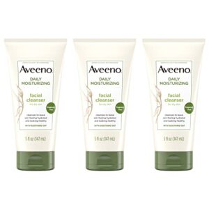 aveeno daily moisturizing facial cleanser with soothing non-gmo oat, hydrating face washfor soft & supple skin, free of parabens, sulfates, fragrance, dyes & soaps, 5 fl. oz, pack of 3