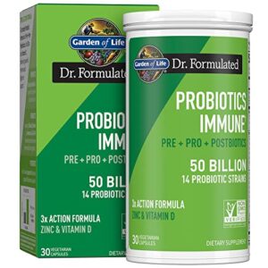 garden of life dr formulated probiotics immune support, complete with prebiotics, postbiotics, d3 & zinc for gut and digestive health – organic vegan prebiotic fiber for women and men – 30 day supply