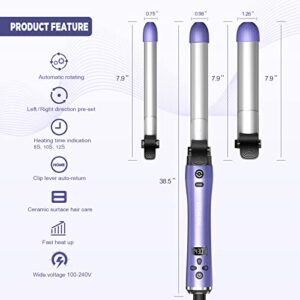 Beach Wave Rotating Hair Curling Iron-3 Interchangeable Heating Iron Barrels Automatic Hair Styling Curler to Create Beach Wave Curls, LCD Display Fast Heat-UP 430°F Ceramic Coating