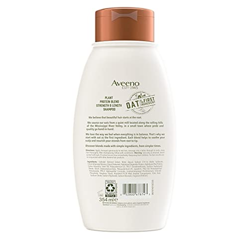 Aveeno Strength & Length Plant Protein Blend Shampoo, Vegan Formula for Strong Healthy-Looking Hair, White, 12 Fl Oz