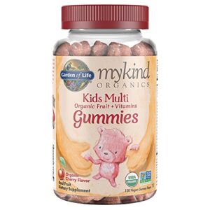 garden of life – mykind organics kids gummy vitamins, certified organic, non-gmo & vegan complete children’s – b12, c & d3 gluten, soy & dairy free real fruit chew gummies, multi, cherry, 120 count