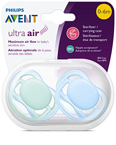 Philips AVENT Ultra Air Pacifier, 0-6 Months, Blue/Green, 4 Pack, SCF244/40