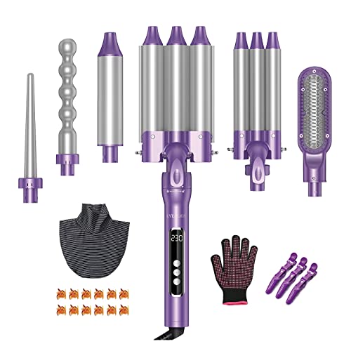 Beach Wave Hair Curling Iron Wand, Lyealion 6 in 1 Curling Iron Set with 2 * 3 Barrel Hair Crimper, Curling Brush and 3 Interchangeable Ceramic Curling Wand for Women