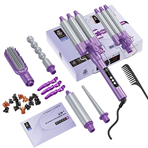 Beach Wave Hair Curling Iron Wand, Lyealion 6 in 1 Curling Iron Set with 2 * 3 Barrel Hair Crimper, Curling Brush and 3 Interchangeable Ceramic Curling Wand for Women